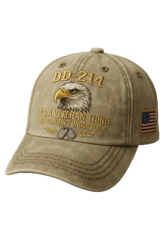 DD-214 Veteran Baseball Cap, Black, Eagle, American Flag Patch, Adjustable Hat