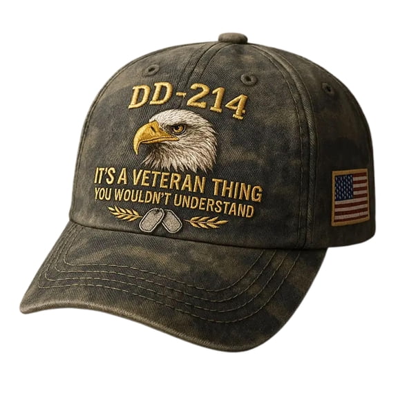 DD-214 Veteran Baseball Cap, Black, Eagle, American Flag Patch, Adjustable Hat