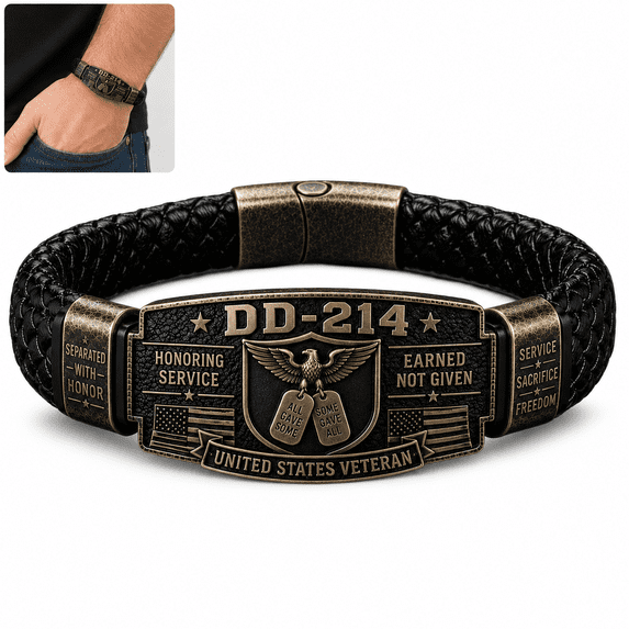 DD-214 Veteran Bracelet for Men, Engraved Zinc Alloy Plate with Braided Paracord Style Wristband, Patriotic Keepsake Gift