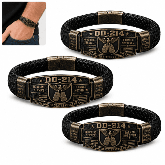 DD-214 Veteran Bracelet for Men, Engraved Zinc Alloy Plate with Braided Paracord Style Wristband, Patriotic Keepsake Gift