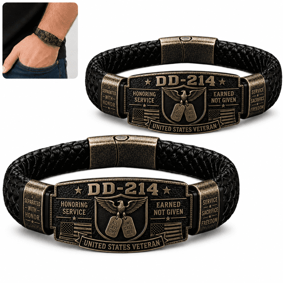 DD-214 Veteran Bracelet for Men, Engraved Zinc Alloy Plate with Braided Paracord Style Wristband, Patriotic Keepsake Gift