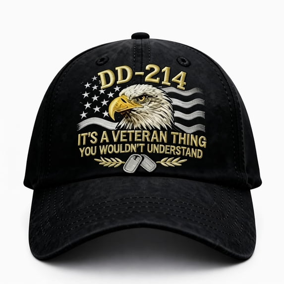 DD-214 Veteran Hat – Military Discharge Document Baseball Cap with Embroidered Flag & Dog Tags, Adjustable Washed Cotton Cap for Veterans & Military Supporters, Unisex Fit