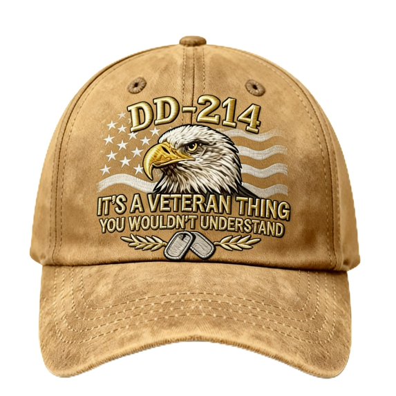 DD-214 Veteran Hat – Military Discharge Document Baseball Cap with Embroidered Flag & Dog Tags, Adjustable Washed Cotton Cap for Veterans & Military Supporters, Unisex Fit