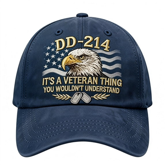 DD-214 Veteran Hat – Military Discharge Document Baseball Cap with Embroidered Flag & Dog Tags, Adjustable Washed Cotton Cap for Veterans & Military Supporters, Unisex Fit