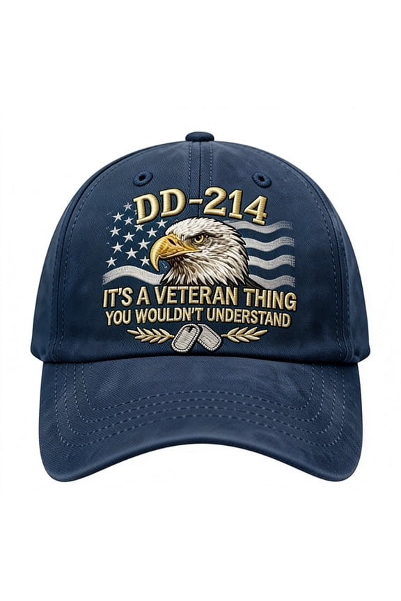DD-214 Veteran Hat – Military Discharge Document Baseball Cap with Embroidered Flag & Dog Tags, Adjustable Washed Cotton Cap for Veterans & Military Supporters, Unisex Fit