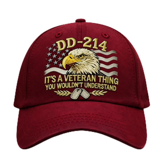 DD-214 Veteran Hat – Military Discharge Document Baseball Cap with Embroidered Flag & Dog Tags, Adjustable Washed Cotton Cap for Veterans & Military Supporters, Unisex Fit