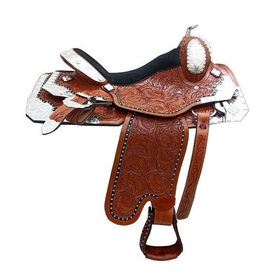 DD Brown Leather Western Barrel Horse Saddle Silver Stencil Floral Carved Black Suede Seat 14"