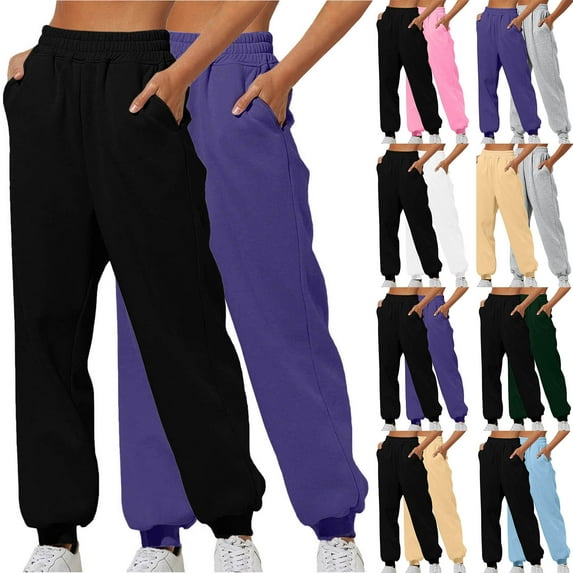 DDAPJ pyju 2 PCs Womens Fleece Sweatpants Solid Casual Jogger Pants High Waisted Cinch Bottom Pants Solid Lounge Athletic Pants Black L