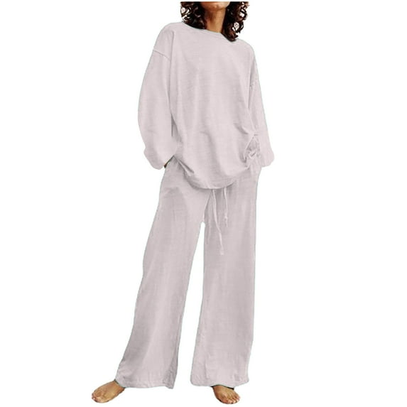 DDAPJ pyju 2 Piece Outfits for Women,Cotton Linen Lounge Sets Boyfriend Oversized Long Sleeve Crewneck T-Shirt Wide Leg Drawstring Pants Set Loose Comfy Matching Tracksuit