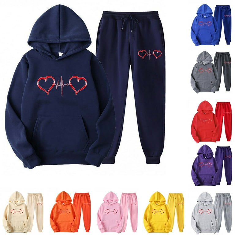DDAPJ pyju 2 Piece Outfits for Women Hoodie Sweatsuit Cute Heart Print Long Sleeve Hooded Sweatshirt and Sweatpants Set Casual Tracksuit Jogger Sports Sets with Pockets Prime Deals Today Red L