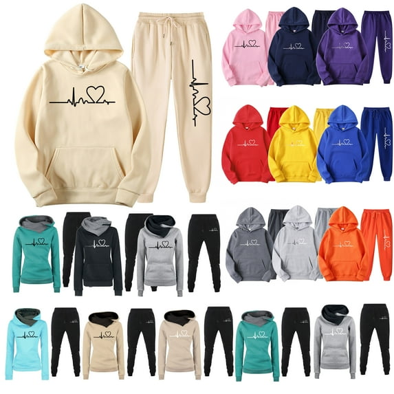 DDAPJ pyju 2 Piece Trendy Outfits for Women 2024,Drawstring Long Sleeve Hoodie Elastic Sweatpants Tracksuit Electrocardiogram Print Plus Size Matching Lounge Sets
