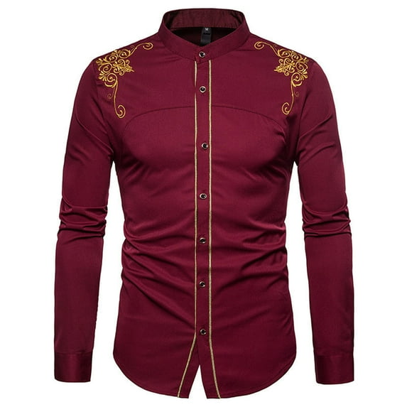 DDAPJ pyju 2023 Clearance Mens Long Sleeve Dress Shirts,Stand Collar Western Cowboy Shirt Luxury Gold Embroidery Design Slim Fit Casual Button Down Shirts