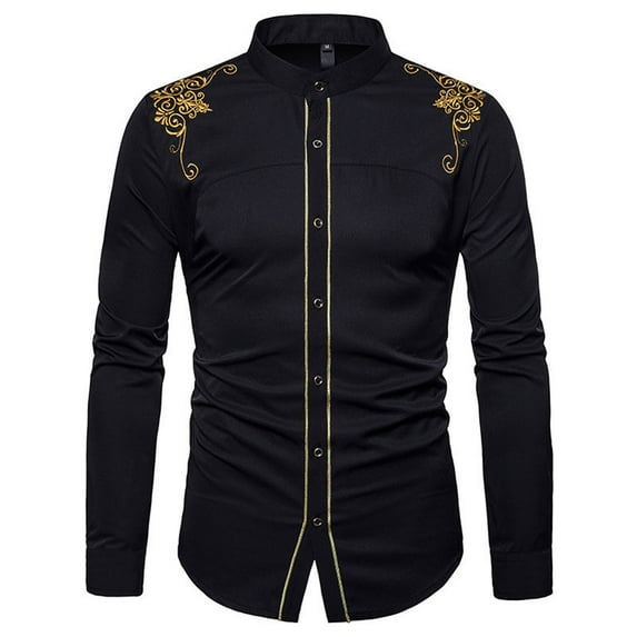 DDAPJ pyju Mens Long Sleeve Dress Shirts,Stand Collar Western Cowboy Shirt Luxury Gold Embroidery Design Slim Fit Casual Button Down Shirts
