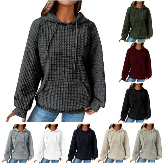 DDAPJ pyju 2025 Waffle Knit Hoodie for Women,Solid Color Drawstring Hooded Sweatshirt Casual Long Sleeve Pullover Sweatshirts with Kangaroo Pocket