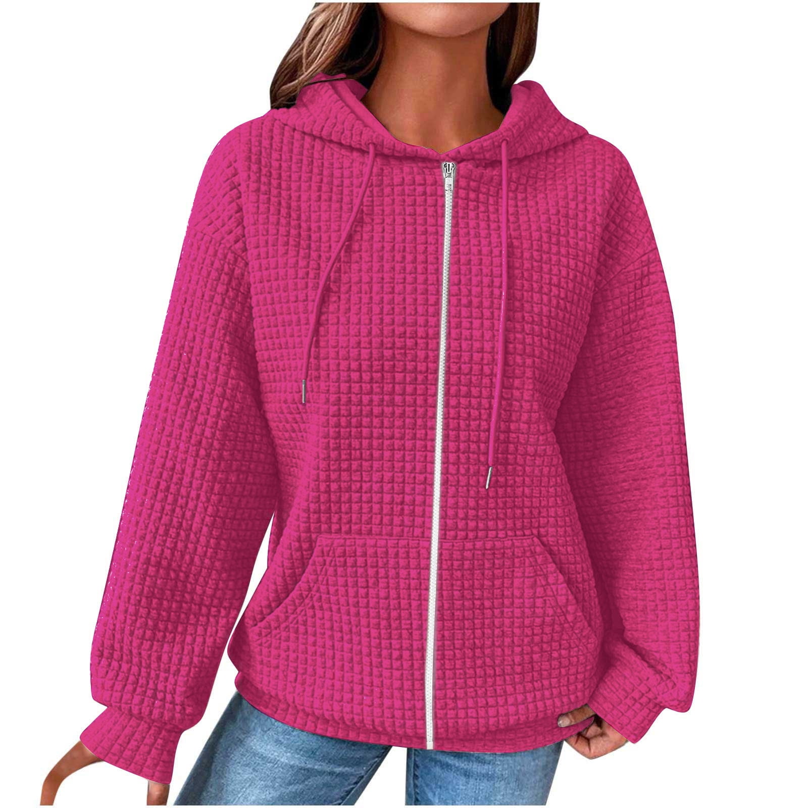 Waffle-Knit Drawstring Hooded Outerwear