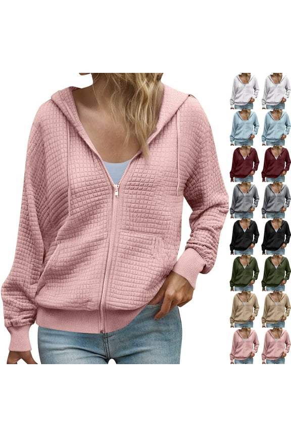 2025 Waffle Knit Hoodie for Women,Zip Up Drawstring Hooded Sweatshirt Jacket Casual Long Sleeve Pullover Sweatshirts with Kangaroo Pocket
