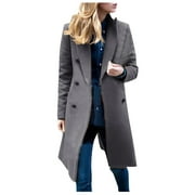 DDAPJ pyju 2023 Clearance Women's Double Breasted Long Trench Coat, Notch Lapel Pea Coat Windproof Tweed Jacket Slim Solid Casual Belted Overcoat Warm Winter Mid Length Outwear Khaki XL