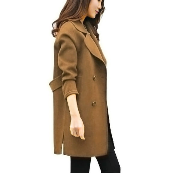 DDAPJ pyju 2023 Clearance Women's Double Breasted Long Trench Coat, Notch Lapel Pea Coat Windproof Tweed Jacket Slim Solid Casual Belted Overcoat Warm Winter Mid Length Outwear Khaki XL