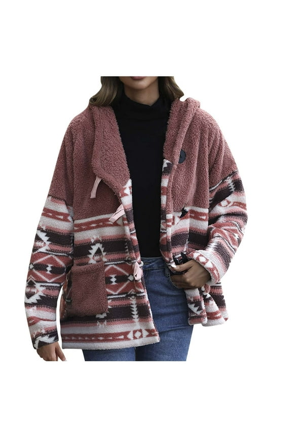 2023 Clearance Women's Fuzzy Fleece Jackets,Western Aztec Print Long Sleeve Button Down Shacket Jacket Soft Cozy Sherpa Coat with Pockets