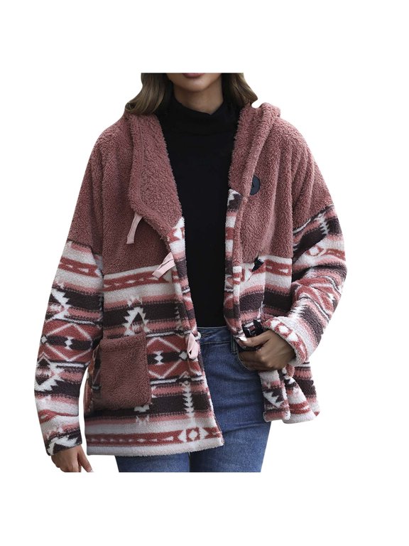 2023 Clearance Women's Fuzzy Fleece Jackets,Western Aztec Print Long Sleeve Button Down Shacket Jacket Soft Cozy Sherpa Coat with Pockets