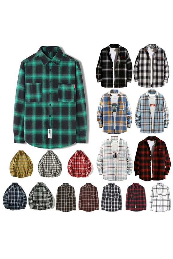 2024 Clearance Men's Big and Tall Flannel Shirt,Loose Fit Button Down Work Shirts Lightweight Long Sleeve Lapel Plaid Shirt Jackets M - 5XL