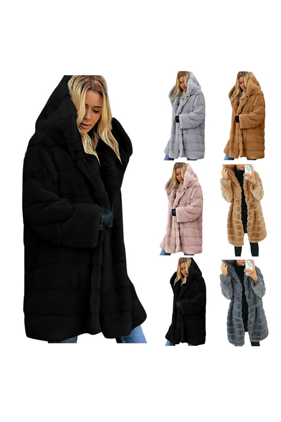 2024 Clearance Winter Coats for Women,Warm Thick Faux Fur Coat Big Hooded Parka Overcoat Plus Size Long Sleeve Open Front Fluffy Windbreaker Jacket S - 5XL