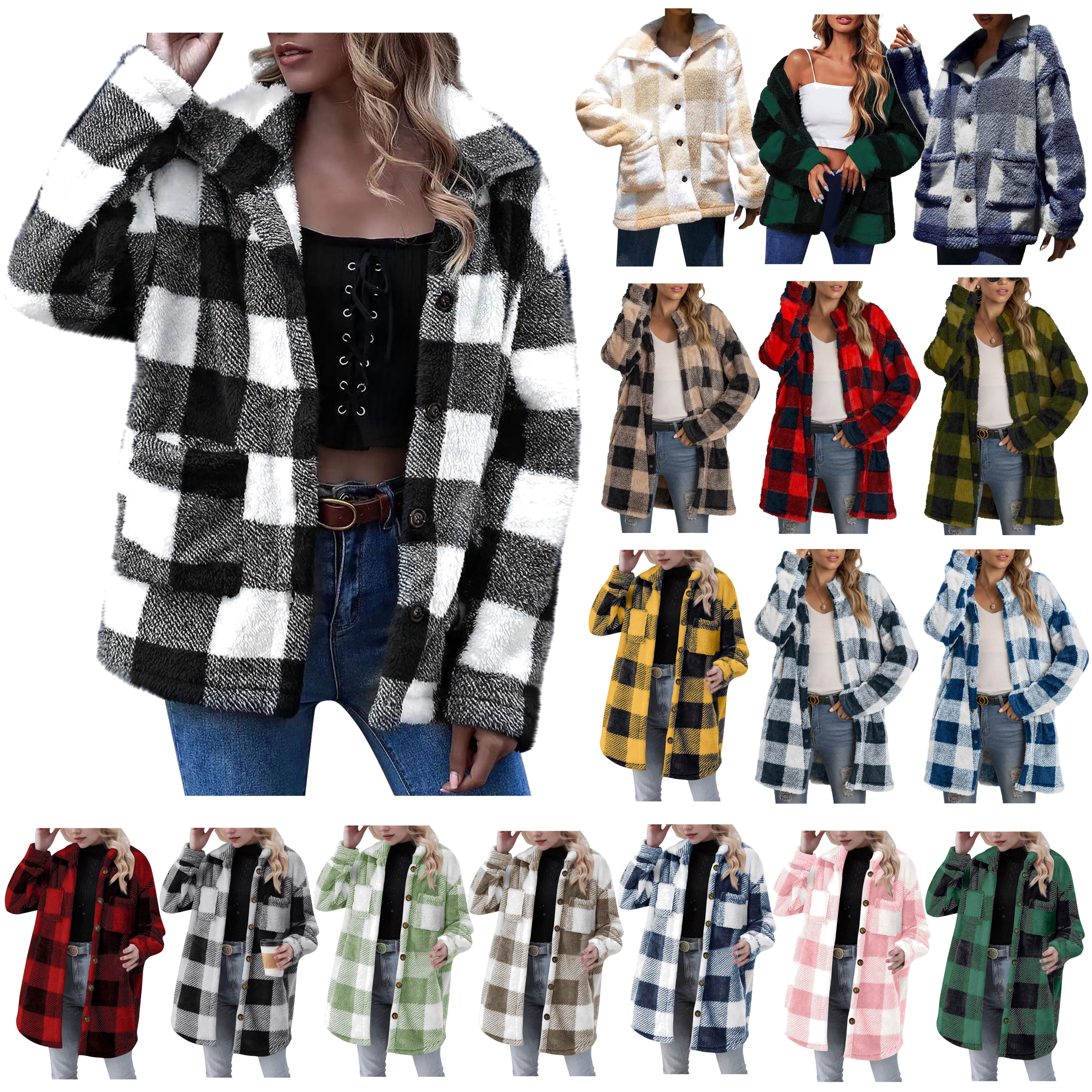 DDAPJ pyju 2024 Clearance Women Fuzzy Plaid Shacket Jackets, Lapel ...