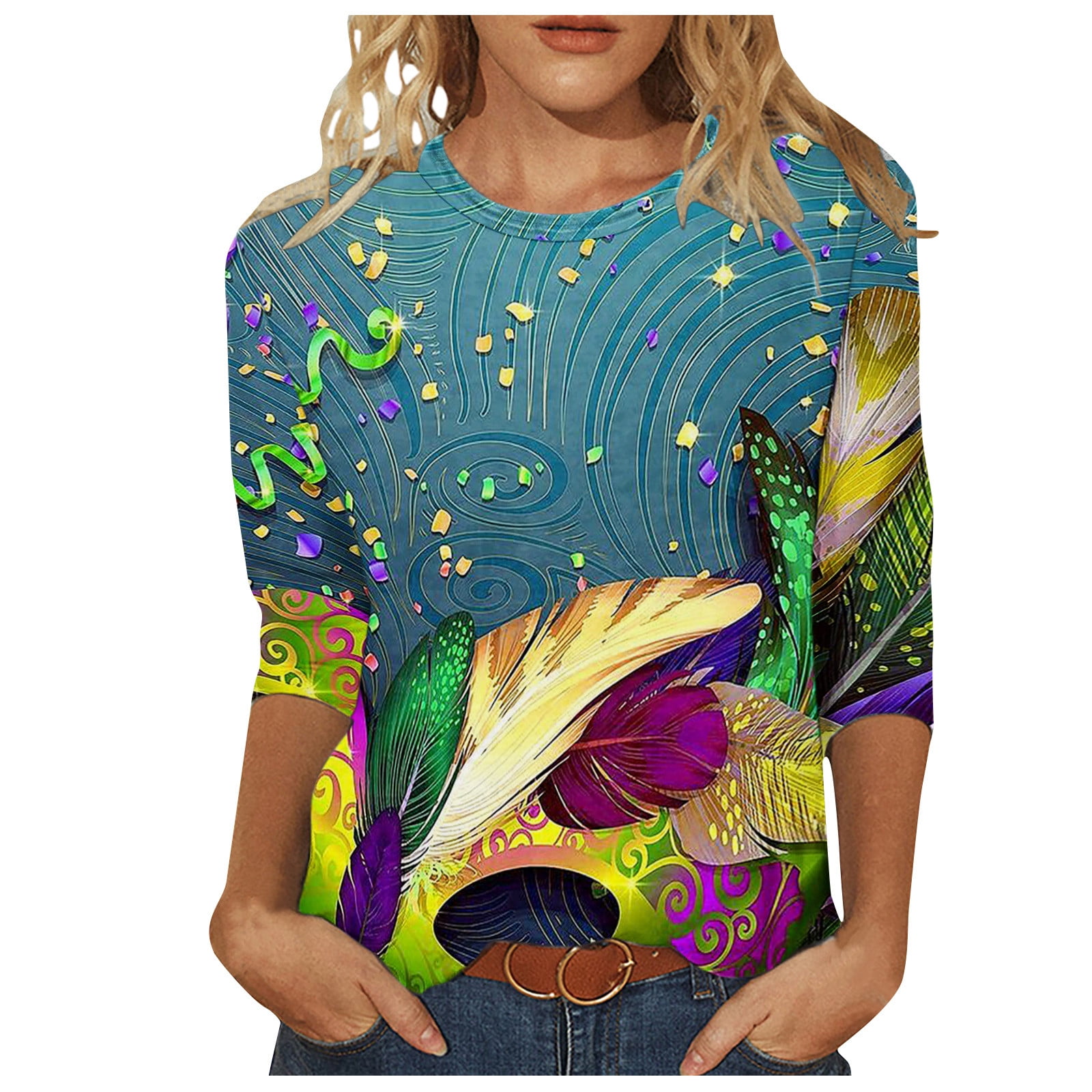 DDAPJ pyju 2024 Mardi Gras Shirts for Women 3/4 Sleeve Crewneck Tops ...