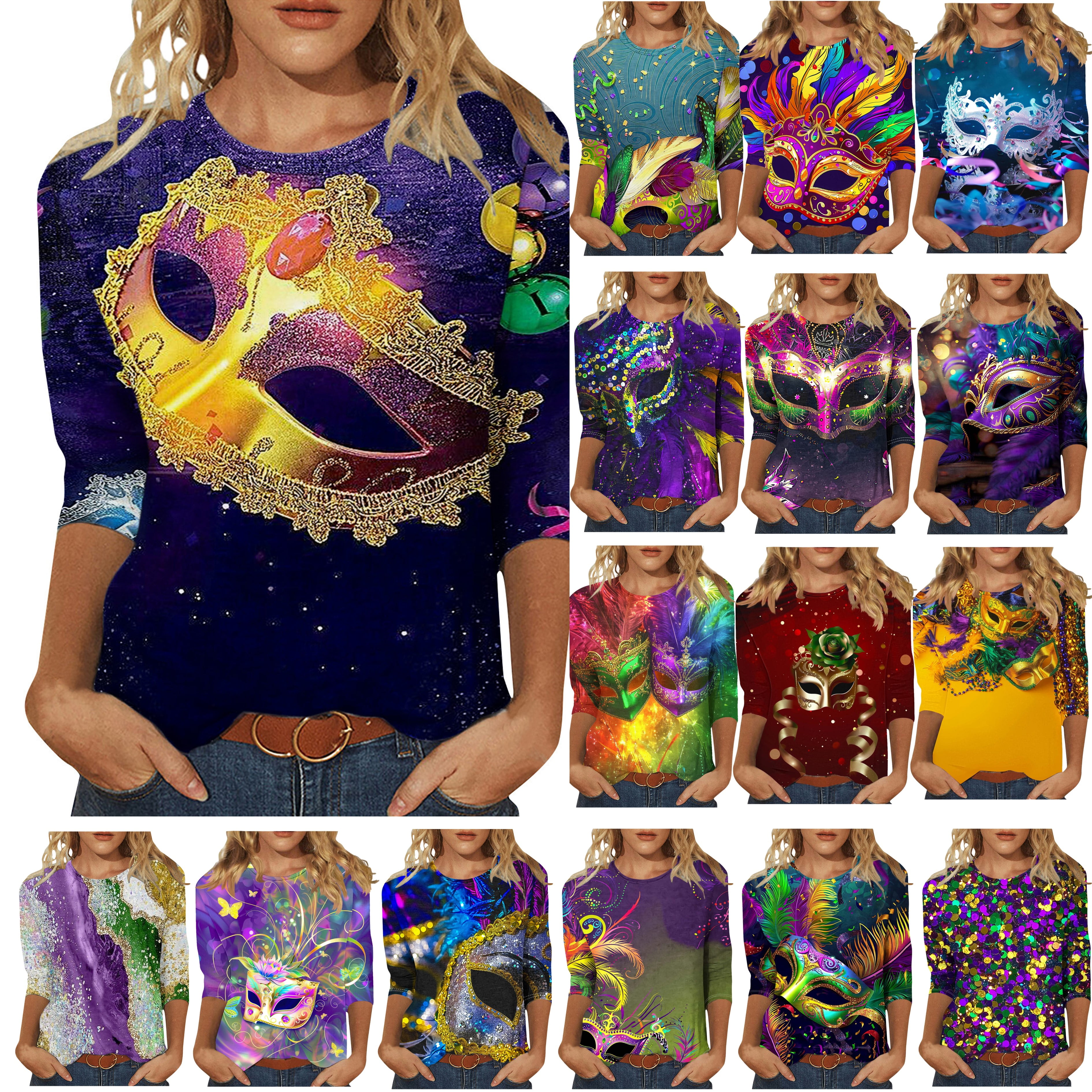DDAPJ pyju 2024 Mardi Gras Shirts for Women 3/4 Sleeve Crewneck Tops ...