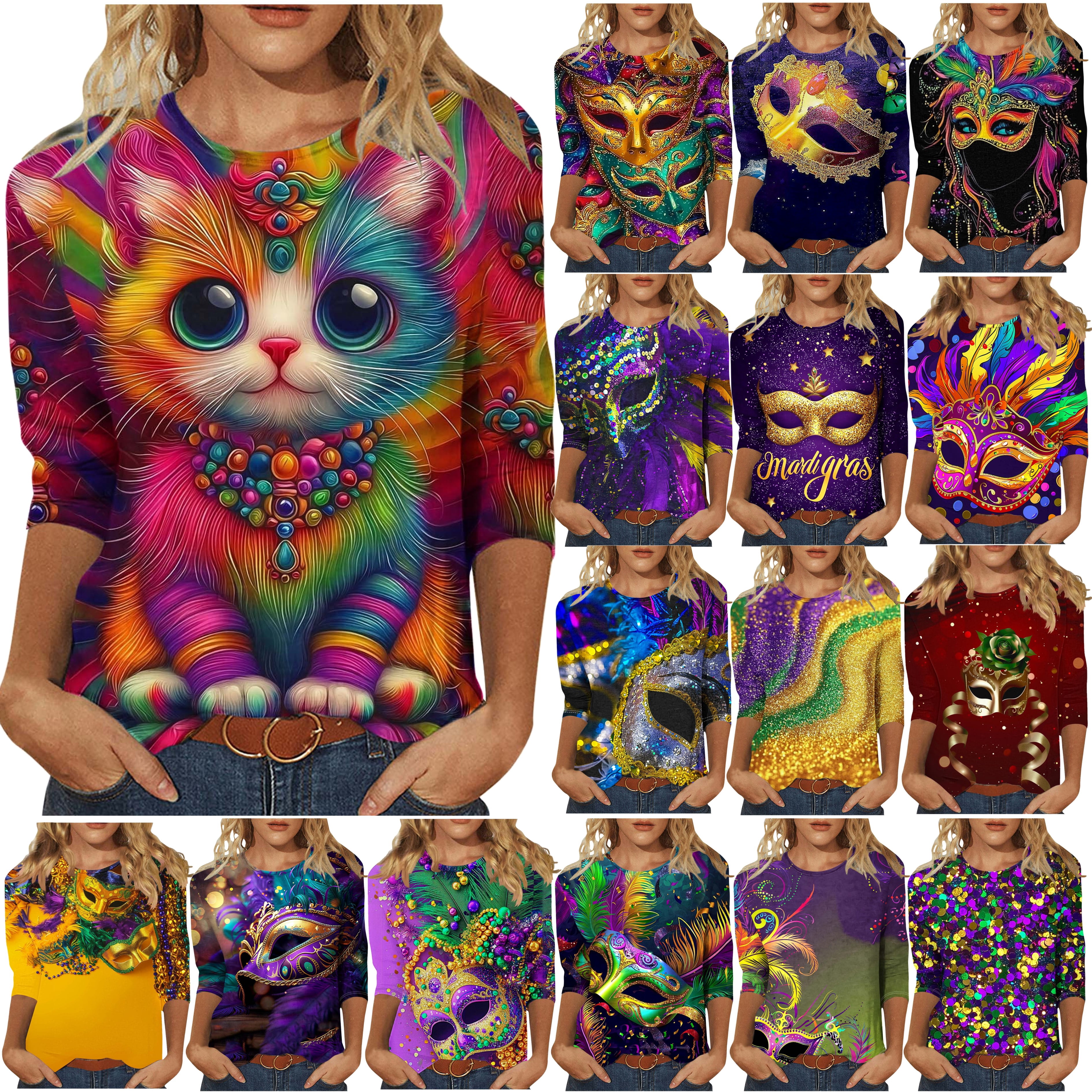 DDAPJ pyju Mardi Gras Shirts for Women 3/4 Sleeve Crewneck Tops Funny ...