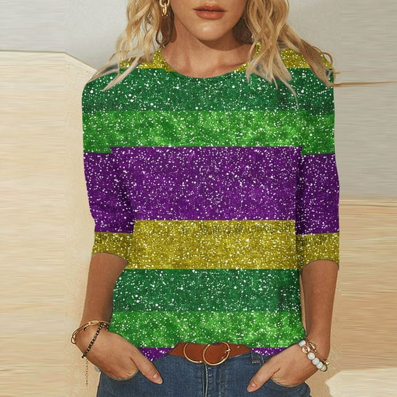 DDAPJ pyju 3/4 Sleeve Mardi Gras Shirts for Women Fancy Blouse Carnival Theme Party T-shirts Novelty Mask Graphic Tees Multicolor XXL