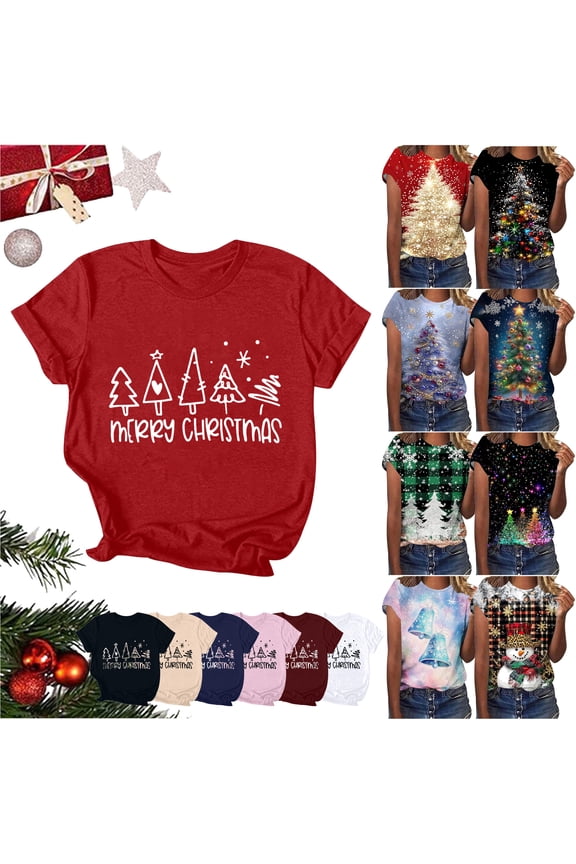 Christmas Shirts for Women Xmas Tree Printed T-Shirts Short Sleeve Crewneck Holiday Tee Xmas Gifts Tops Red XL