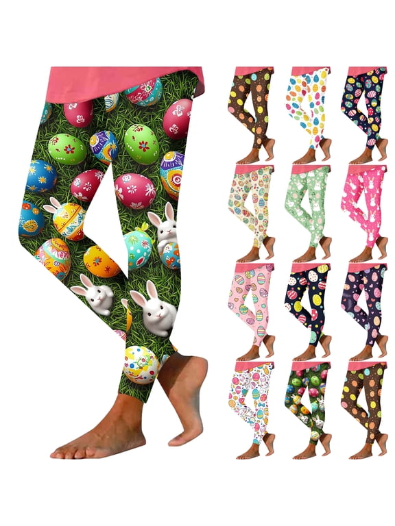 Easter Leggings for Women Bunny Eggs Print Yoga Pants Buttery Soft Casual Tights Novelty Holiday Bottoms Purple S
