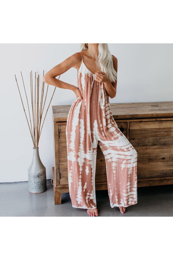 Fashion Jumpsuits for Women Tie Dye Printed Casual Loose Fit Overalls Summer Boho Wide Leg Pants Rompers Long Playsuit Beach Outfits with Pockets Pink M