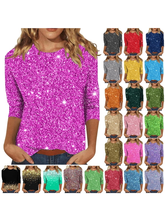 Fashion Tops for Women 3/4 Sleeve Sequin Print Crew Neck T-Shirts Holiday Party Glitter Blouse Shirts Brown M