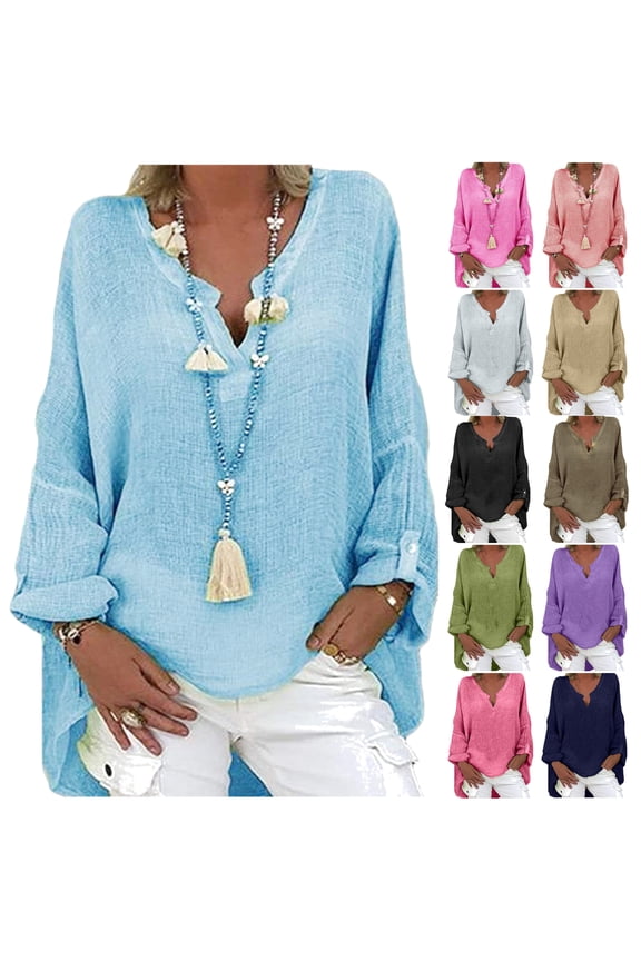 Women Long Cotton Linen Blouses,Split V-neck Casual Blouse Lightweight Gauze Shirts Vintage Solid Longshirt Plus Size Loose Draped Tops Comfy Maternity Shirt