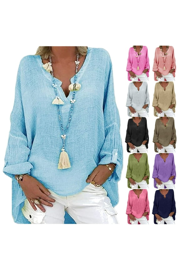 Women Long Cotton Linen Blouses,Split V-neck Casual Blouse Lightweight Gauze Shirts Vintage Solid Longshirt Plus Size Loose Draped Tops Comfy Maternity Shirt