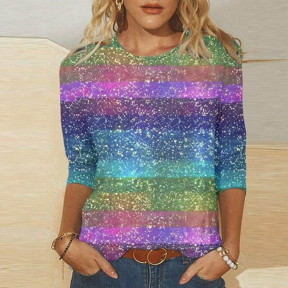 DDAPJ pyju 2025 Mardi Gras Shirt for Women Carnival Themed Outfit Party Tee Mask Graphic 3/4 Sleeve Tunic Tops Crewneck Parade Blouse Tshirt Multicolor M