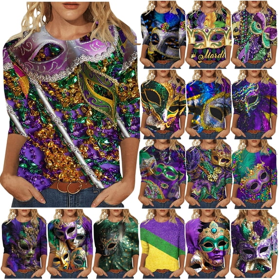 DDAPJ pyju 2025 Mardi Gras Shirt for Women Carnival Themed Outfit Party Tee Mask Graphic 3/4 Sleeve Tunic Tops Crewneck Parade Blouse Tshirt Multicolor XXL