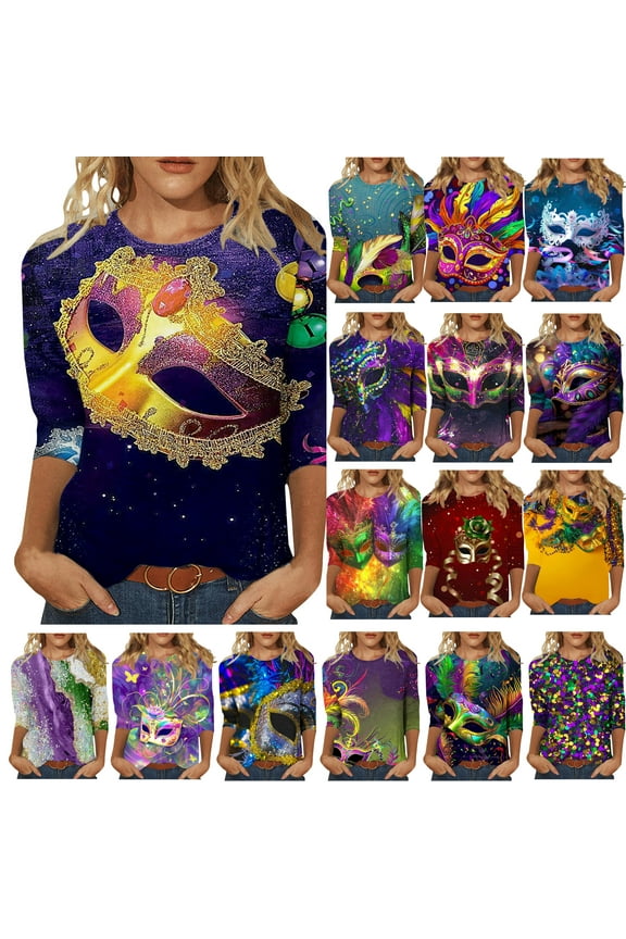 2025 Mardi Gras Shirts for Women 3/4 Sleeve Crewneck Tops Funny Mask Graphic Tee Shirts 2025 New Orleans Carnival Party Blouses Birthday Gifts Multicolor 4XL