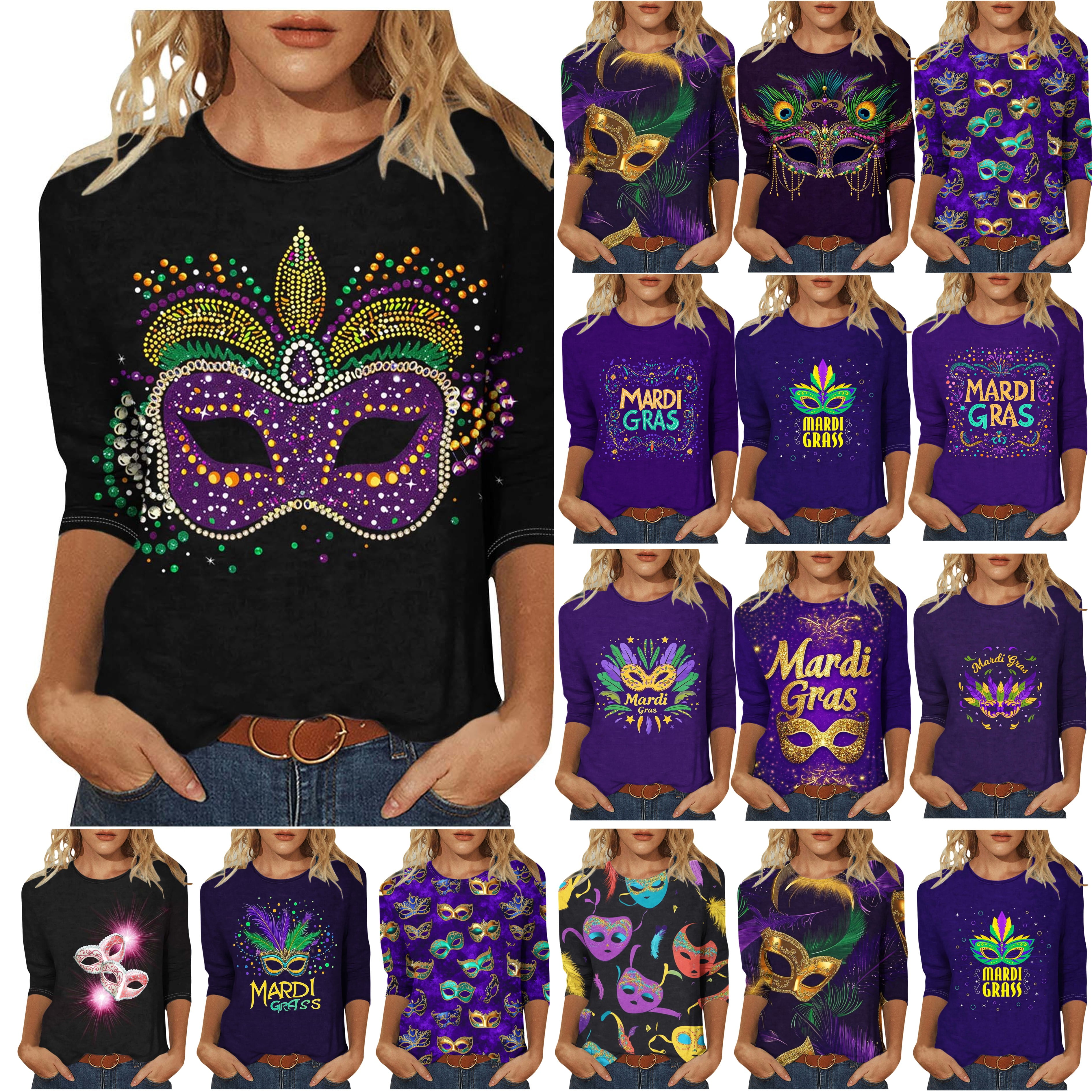 DDAPJ pyju 2025 Mardi Gras Womens Tops 3/4 Sleeve Crewneck Carnival ...