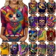 thumbnail image 1 of DDAPJ pyju 2025 Mardi Gras Womens Tops 3/4 Sleeve Crewneck Carnival Shirts Novelty Mask Print Parade Party Tops Three Guarter Length T Shirt Spring Pullover Multicolor XXXXXL, 1 of 7