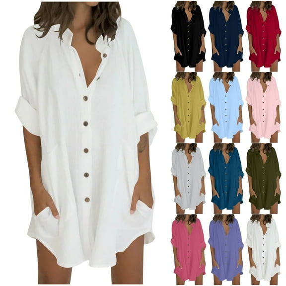 DDAPJ pyju 2025 Summer Cotton Linen Tops for Women Oversized Boyfriend Button Down Shirts Solid Loose Casual Rolled Up Long Sleeve Blouse Birthday Gifts White XXL