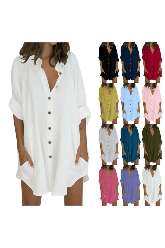 2025 Summer Cotton Linen Tops for Women Oversized Boyfriend Button Down Shirts Solid Loose Casual Rolled Up Long Sleeve Blouse White L