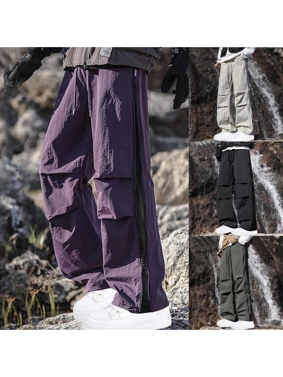 2025 Big and Tall Cargo Pants for Men Trendy Casual Parachute Pants Drawstring Waist Straight Wide Leg Trousers with Pockets Army Green M