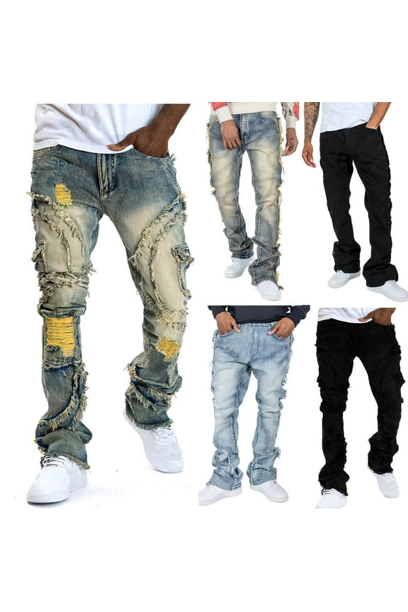 2025 Stacked Jeans Men Ripped Raw Trim Skinny Jean Pants Vintage Denim Pants Fashion Streetwear Trousers Black XL