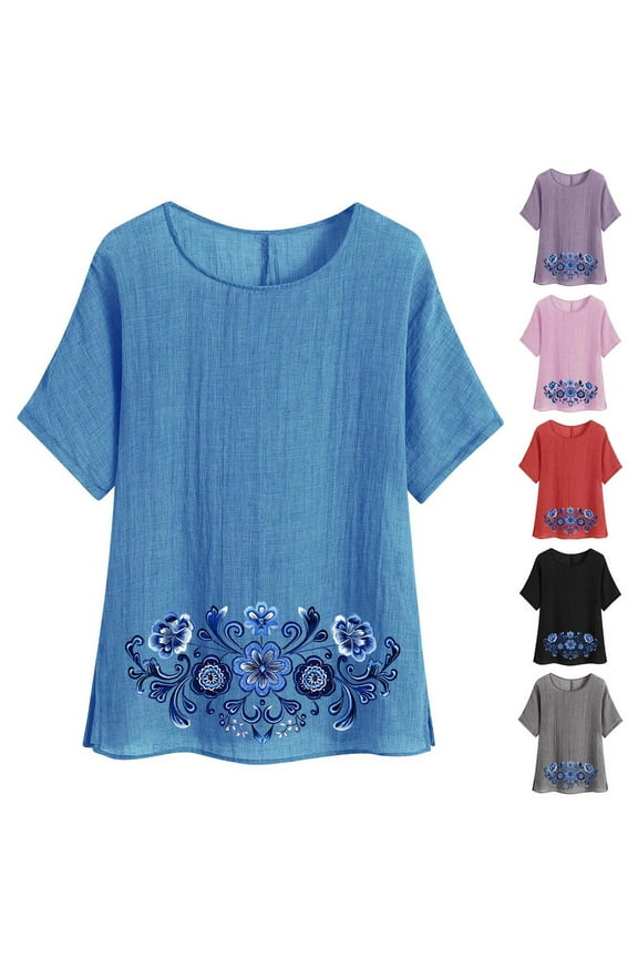 2025 Women Cotton Linen T Shirts Summer Floral Printed Tops Comfy Gauze Blouses Lightweight Short Sleeve Crew Neck Tee Black S
