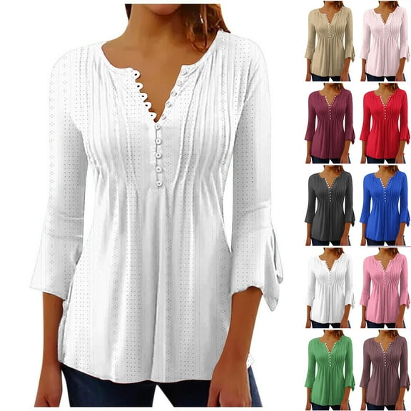 DDAPJ pyju 3/4 Length Sleeve Womens Pleated Tops Petal Sleeve V Neck Button Up Shirt Eyelet Boho Blouse Ofertas del día Khaki L