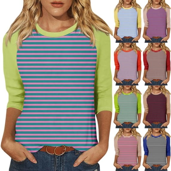 DDAPJ pyju 3/4 Length Sleeve Womens Tops 2026 Summer Fashion Striped Graphic Tees Color Block Casual Baseball T-shirt Mint Green S