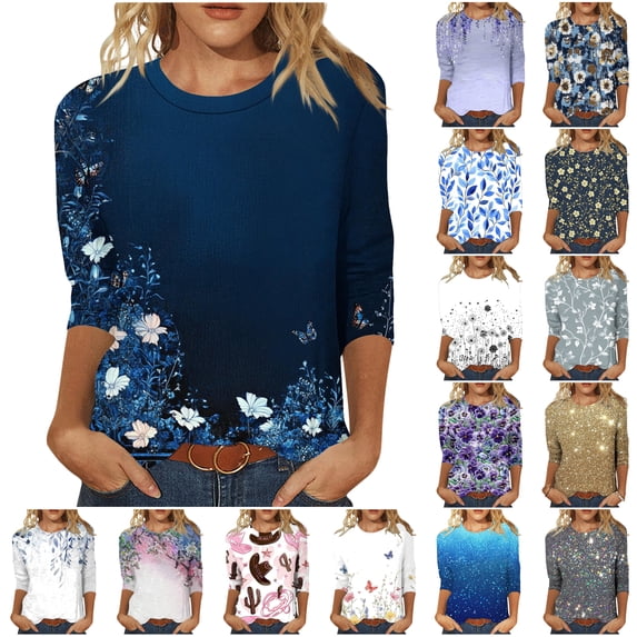 DDAPJ pyju 3/4 Length Sleeve Womens Tops Boho Floral Graphic Tees Loose Fit Crewneck Pullover Blouses Ofertas Prime Pink L